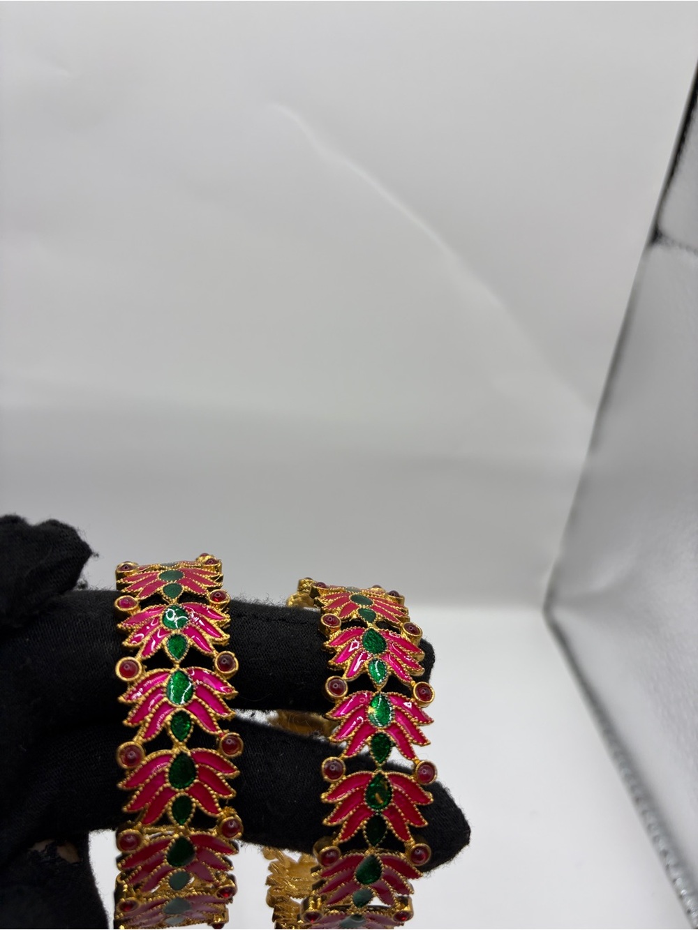 Gold-Tone Red - Pink and Green Lotus 🪷 Leaf Bangle Bracelet